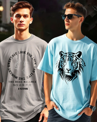 AOOSH Typography Men Round Neck Light Blue, Grey T-Shirt