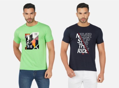 GLOBAL NOMAD Printed Men Round Neck Light Green, Navy Blue T-Shirt