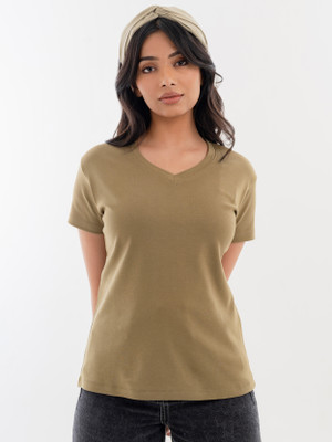 Halff Grey Solid Women V Neck Brown T-Shirt