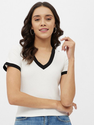 HouseOfCommon Solid Women V Neck White T-Shirt