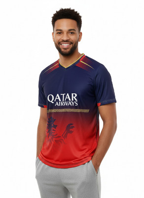 PRASEL Printed Men V Neck Red, Blue T-Shirt