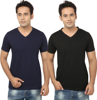 Tresna Trending Self Design, Solid Men V Neck Dark Blue, Black T-Shirt