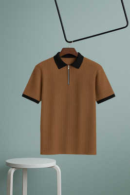 NB NICKY BOY Solid Men Zip Neck Brown T-Shirt