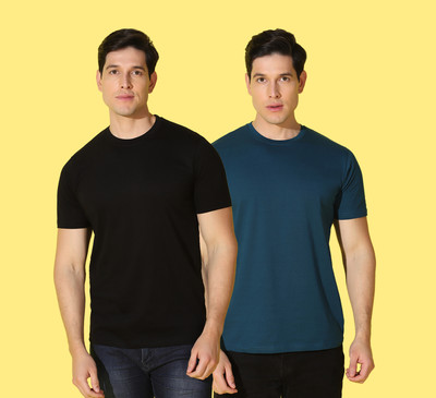WOOSTRO Solid Men Round Neck Blue, Black T-Shirt