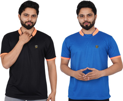 La Milano Solid Men Mandarin Collar Blue T-Shirt