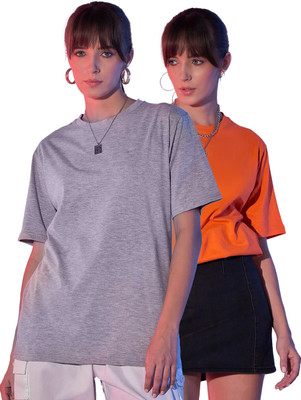 BuyNewTrend Solid Women Round Neck Orange, Grey T-Shirt