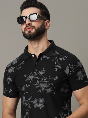 RARHANPREMIUM Printed Men Polo Neck Black T-Shirt