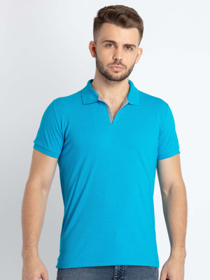 Status Quo Solid Men Polo Neck Blue T-Shirt