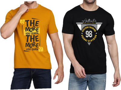 WOOSTRO Printed Men Round Neck Black, Yellow T-Shirt