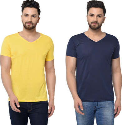 Tresna Trending Solid Men V Neck Dark Blue, Yellow T-Shirt