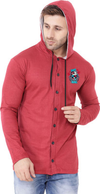 GEUM Printed Men Hooded Neck Maroon T-Shirt
