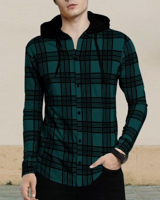 EyeBogler Checkered Men Hooded Neck Dark Blue T-Shirt