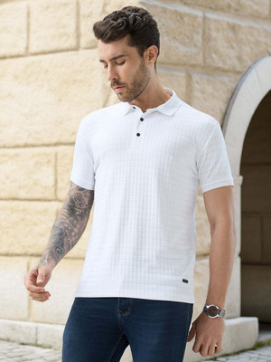 Status Quo Self Design Men Polo Neck White T-Shirt