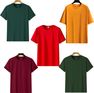 TTFE Solid Men Round Neck Maroon, Red, Green, Dark Green, Orange T-Shirt