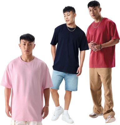 MI POSSIBLE Solid Men Round Neck Pink, Navy Blue, Maroon T-Shirt