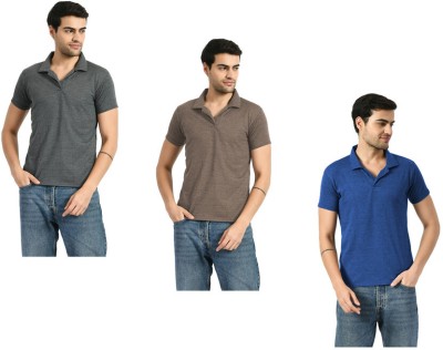 KAVYA Solid Men Boat Neck Grey, Brown, Blue T-Shirt