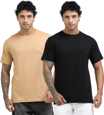 Chill Factor Solid Men Round Neck Beige, Black T-Shirt