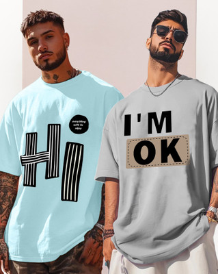 AOOSH Graphic Print Men Round Neck Light Blue, Grey T-Shirt