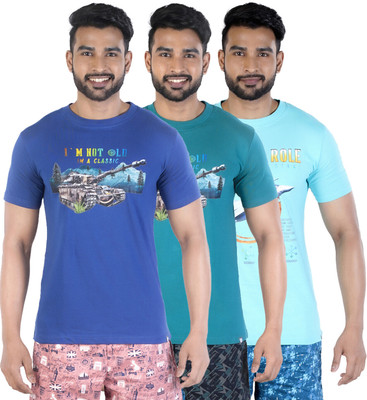 COLORS by Rupa Frontline Graphic Print Men Round Neck Dark Blue, Green, Light Blue T-Shirt