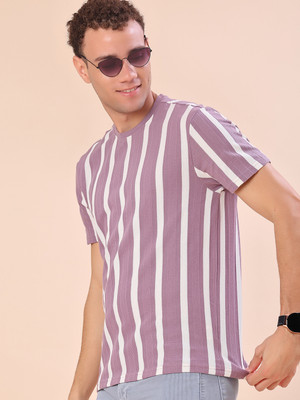 V-MART Striped Men Round Neck Purple T-Shirt