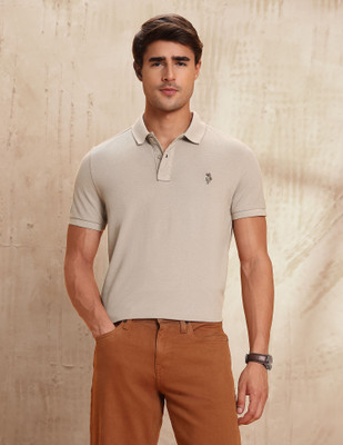 U.S. Polo Assn. Denim Co. Self Design Men Polo Neck Beige T-Shirt