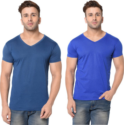 Tresna Fab Solid Men V Neck Dark Blue, Blue T-Shirt