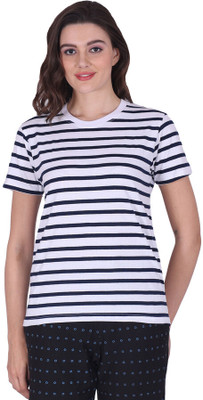 IndiWeaves Striped Women Round Neck White T-Shirt
