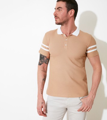 Trendyol Self Design Men Polo Neck Beige T-Shirt