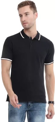 OZIO Self Design Men Polo Neck Black T-Shirt