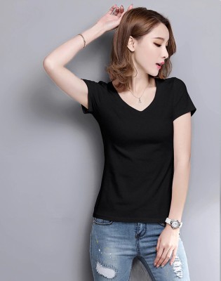 V3Squared Solid Women V Neck Black T-Shirt