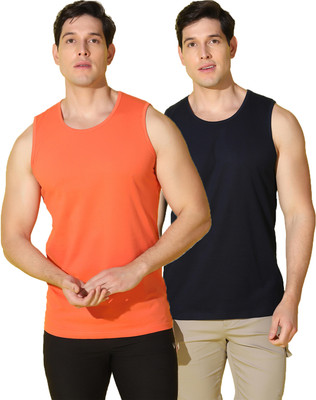 WOOSTRO Solid Men Round Neck Orange, Black T-Shirt