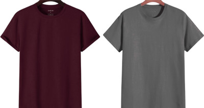 P collection Solid Men Round Neck Maroon, Grey T-Shirt