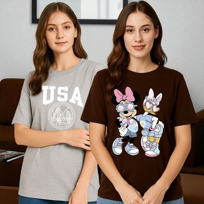 Elvia Graphic Print Women Round Neck Brown, Grey T-Shirt