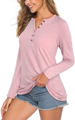 Boldwink Solid Women V Neck Pink T-Shirt