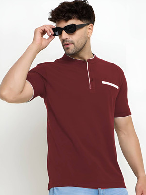 Reya Solid Men Mandarin Collar Maroon T-Shirt