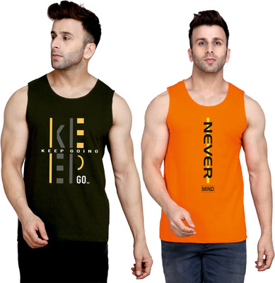 SLOWLORIS Printed Men Round Neck Dark Green, Orange T-Shirt