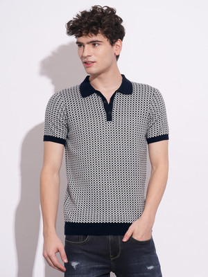 BEING HUMAN Geometric Print Men Polo Neck Navy Blue T-Shirt