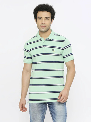 Spykar Striped Men Polo Neck Green T-Shirt