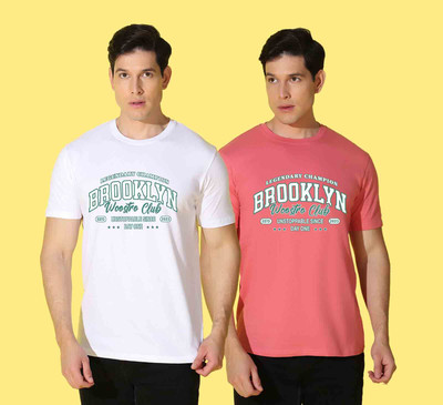 WOOSRTO Printed Men Round Neck Pink, White T-Shirt