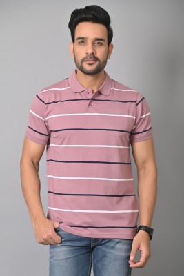 Arbour Striped Men Polo Neck Pink T-Shirt