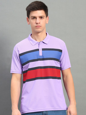 THE CASUALS Striped Men Polo Neck Purple T-Shirt
