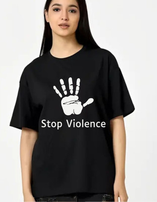 fashnobic Self Design Women Round Neck Black T-Shirt