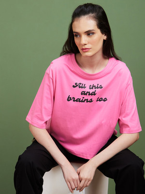 Globus Printed Women Round Neck Pink T-Shirt