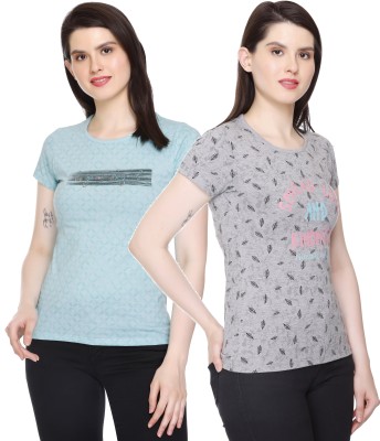 Star Touch Printed Women Round Neck Grey, Blue T-Shirt