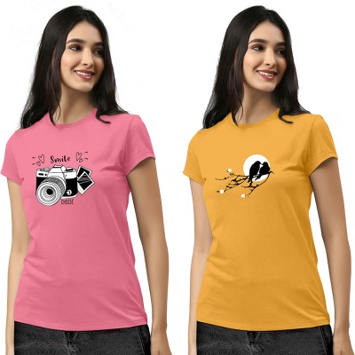 ZentWorld Printed Women Round Neck Pink, Yellow T-Shirt