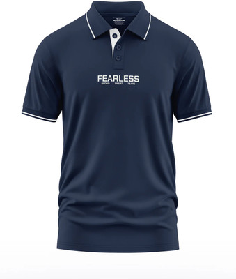Warriorworld Typography Men Polo Neck Navy Blue T-Shirt