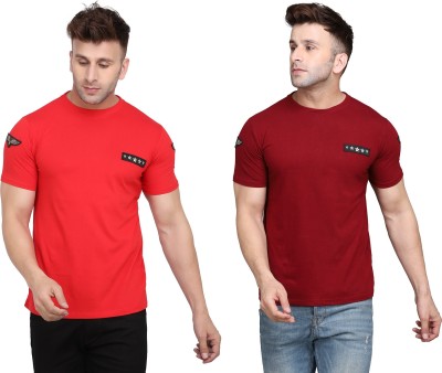 GEUM Solid Men Round Neck Red, Maroon T-Shirt