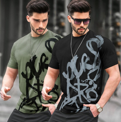 TRIPR Printed Men Round Neck Dark Green, Black T-Shirt