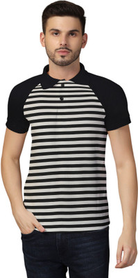 tfurnish Striped Men Polo Neck Black T-Shirt
