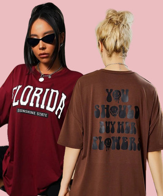 Christy World Printed Women Round Neck Brown, Maroon T-Shirt